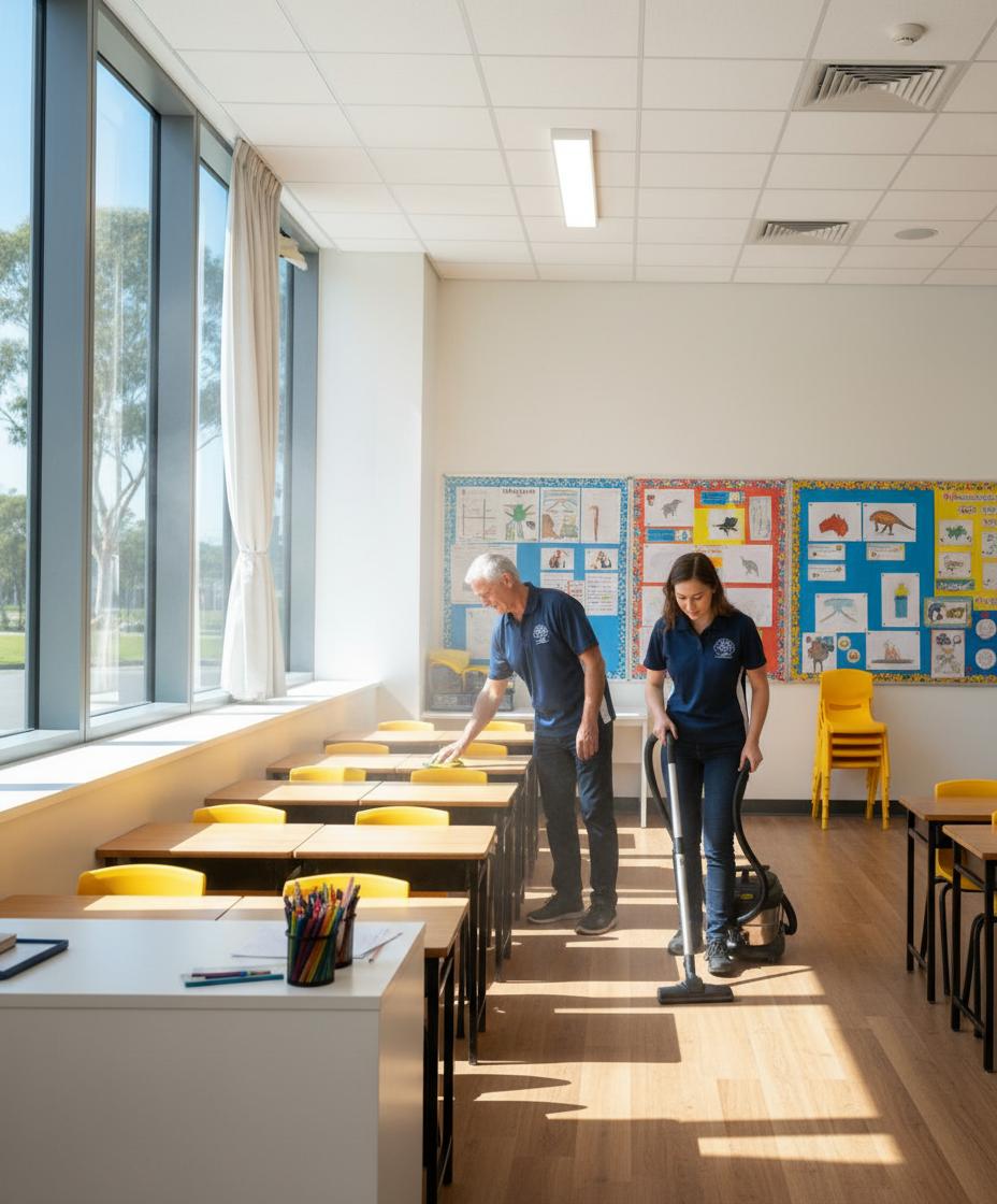 Crystal Clear team professionally cleaning school classroom with desks and educational displays